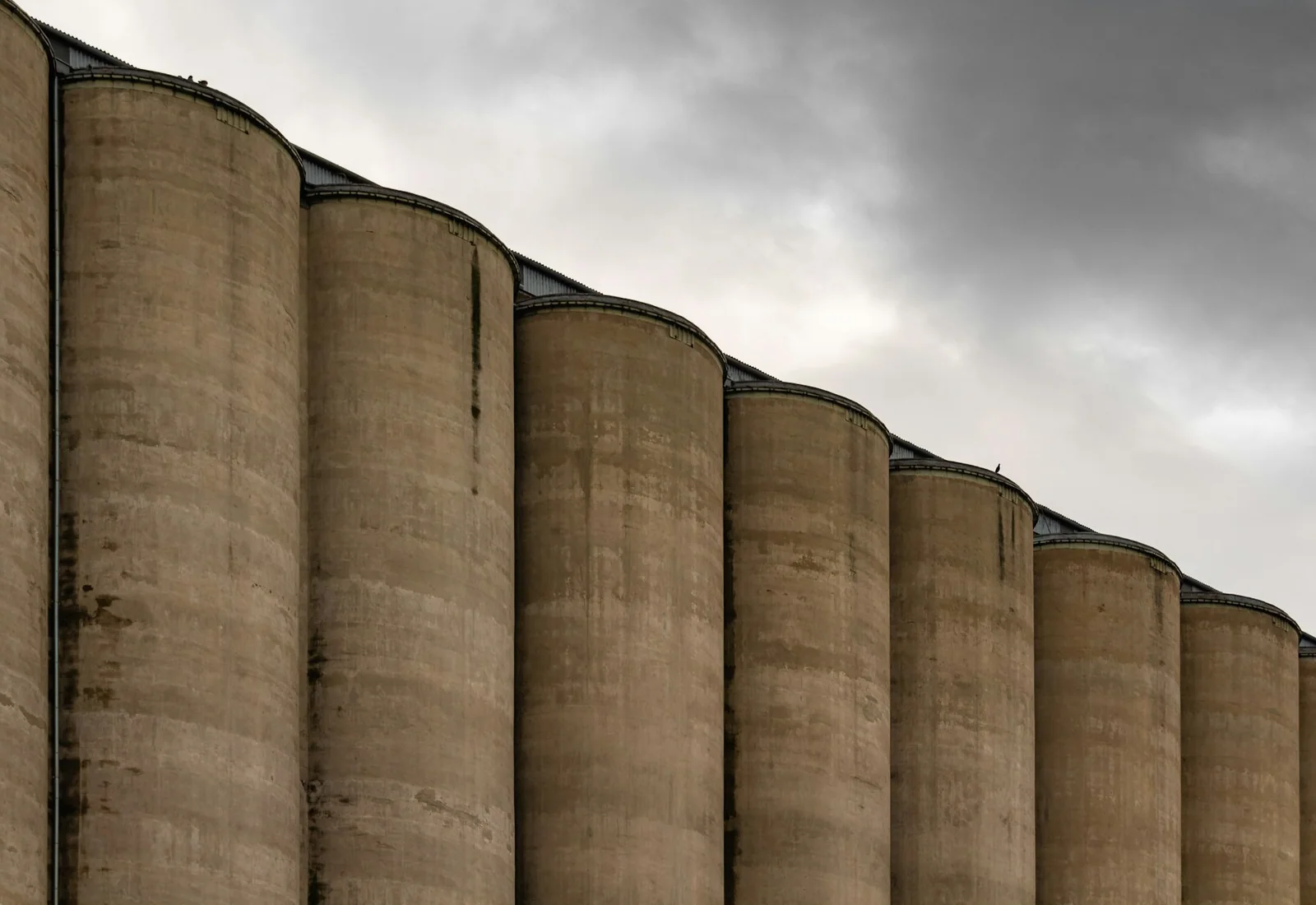 Reihe von Betonsilos an einem landwirtschaftlichen Standort